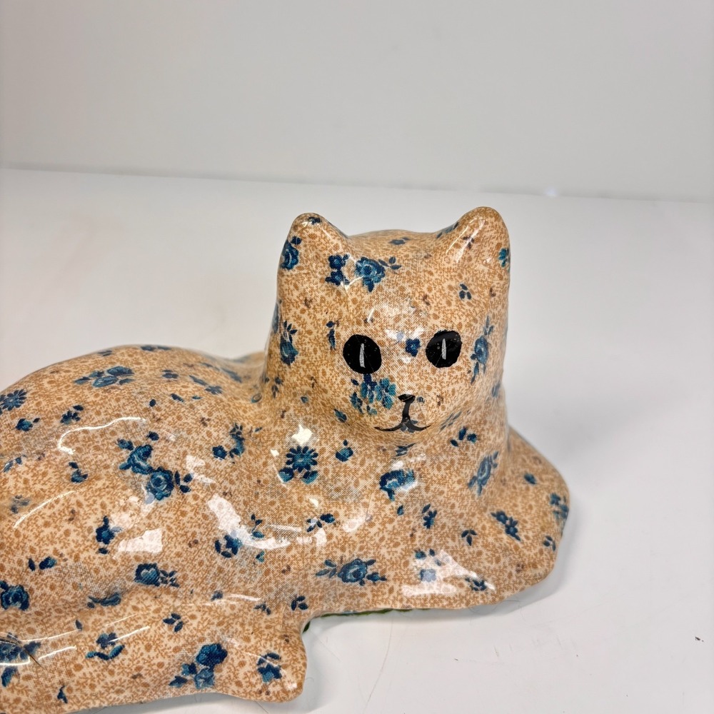 Vintage Papier Mache Cat Figurine Floral Blue Flower Decoupage Cottagecore Decor - Picture 3 of 12